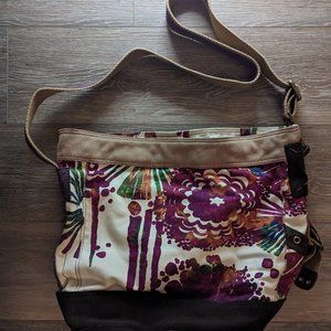 Lucky Brand Large Zip Suede and Canvas Abstract Floral Satchel Messenger bag
